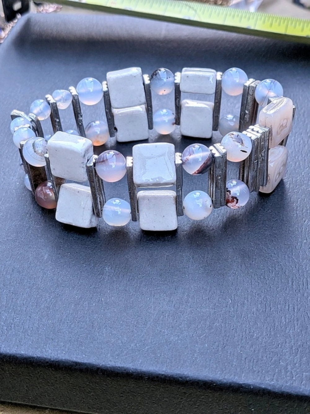 Anne-Marie Chagnon Modernist Pewter Agate & Shell Stretch Bracelet